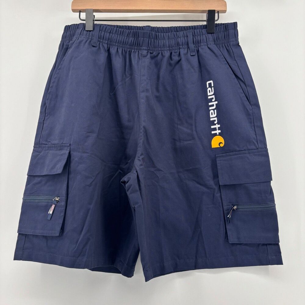 Carhartt Cargo Shorts Navy Blue Mens 2XL Elastic Waist Utility‎ Workwear Logo